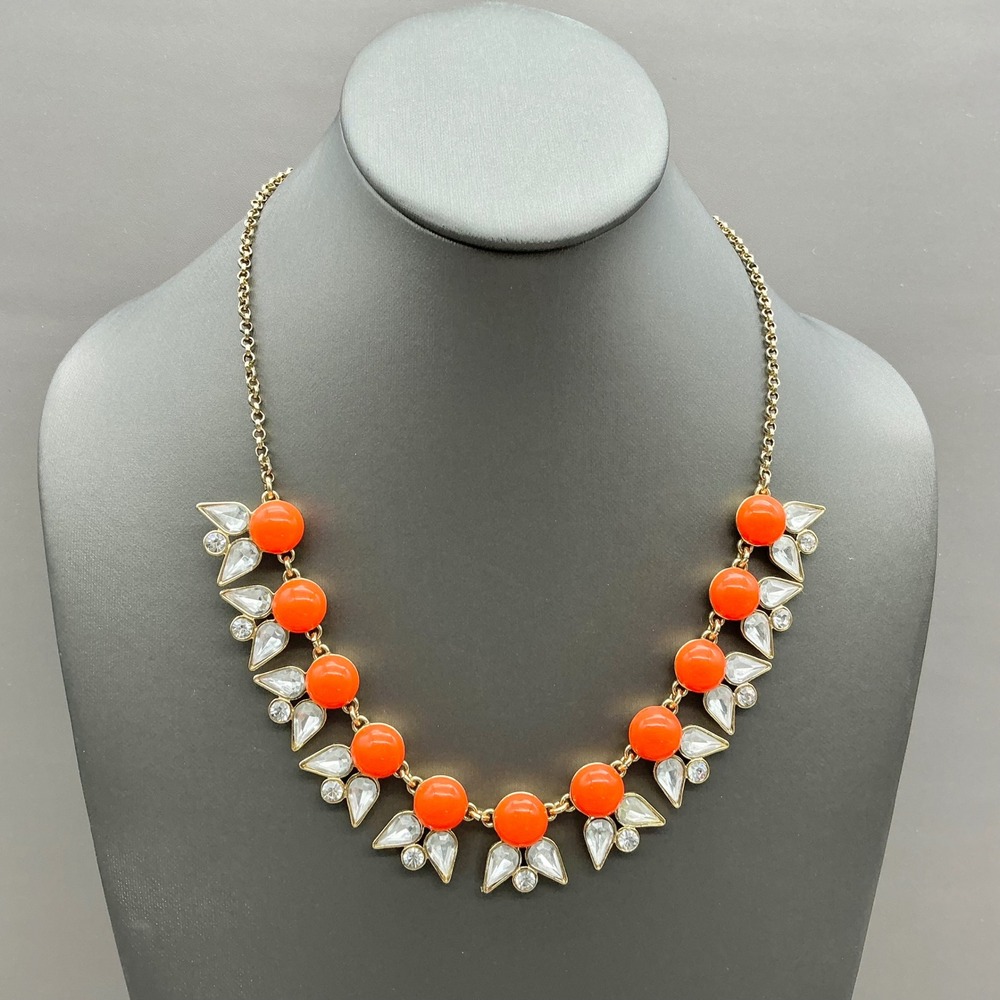 J.Crew Necklace Womens Orange Gold Tone Statement Rhinestone Floral Bib Jewelry